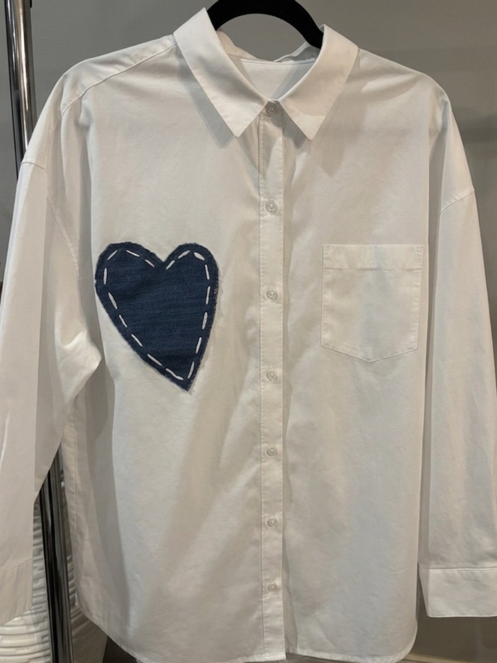 White Button-Up Shirt with up-cycled denim Navy Heart Patches